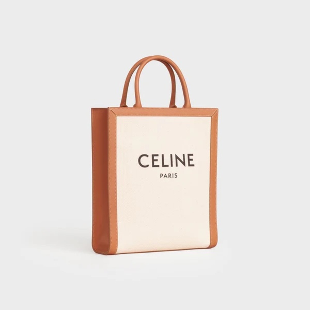 Celine Vertical shopping bag in beige canvas and brown leather